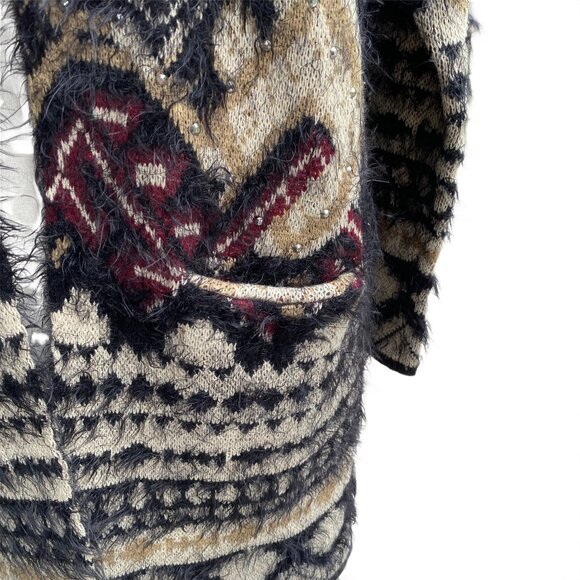 NWOT BCBGMaxazria Fuzzy Eyelash Tribal Cardigan Sz M Burgundy Black Duster Gems - Picture 5 of 15